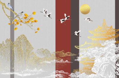 高清新中式亭台楼阁线条肌理<b>背</b><b>景</b><b>墙</b>壁画