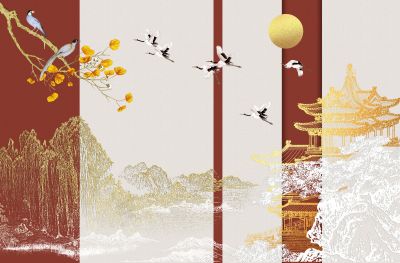 高清新中式亭台楼阁线条肌理<b>背</b><b>景</b><b>墙</b>壁画