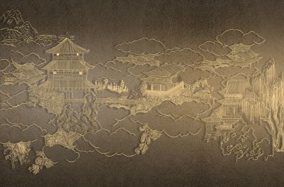 高清新中式亭台楼阁线条肌理<b>背</b><b>景</b><b>墙</b>壁画