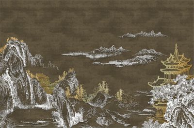 高清新中式亭台楼阁线条肌理<b>背</b><b>景</b><b>墙</b>壁画