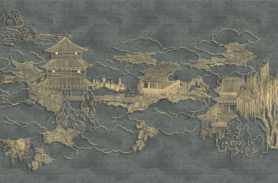 高清新中式亭台楼阁线条肌理<b>背</b><b>景</b><b>墙</b>壁画