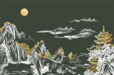 高清新中式亭台楼阁线条肌理<b>背</b><b>景</b><b>墙</b>壁画