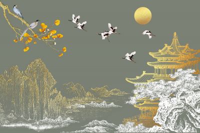 高清新中式亭台楼阁线条肌理<b>背</b><b>景</b><b>墙</b>壁画