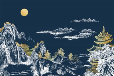 高清新中式亭台楼阁线条肌理<b>背</b><b>景</b><b>墙</b>壁画