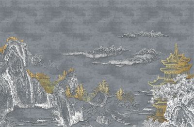 高清新中式亭台楼阁线条肌理<b>背</b><b>景</b><b>墙</b>壁画