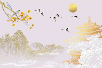 高清新中式亭台楼阁线条肌理<b>背</b><b>景</b><b>墙</b>壁画
