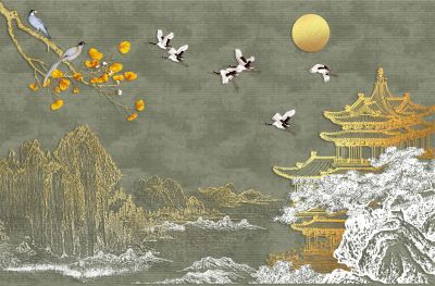 高清新中式亭台楼阁线条肌理<b>背</b><b>景</b><b>墙</b>壁画