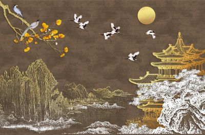 高清新中式亭台楼阁线条肌理<b>背</b><b>景</b><b>墙</b>壁画