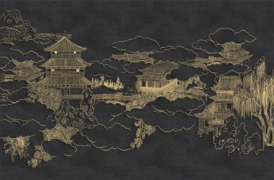 高清新中式亭台楼阁线条肌理<b>背</b><b>景</b><b>墙</b>壁画