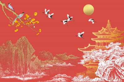 高清新中式亭台楼阁线条肌理<b>背</b><b>景</b><b>墙</b>壁画