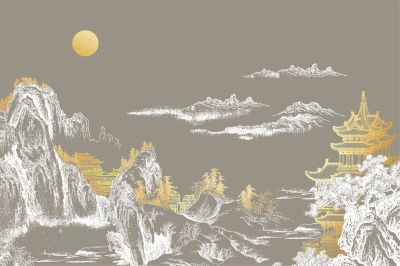 高清新中式亭台楼阁线条肌理<b>背</b><b>景</b><b>墙</b>壁画