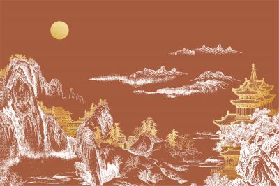 高清新中式亭台楼阁线条肌理<b>背</b><b>景</b><b>墙</b>壁画