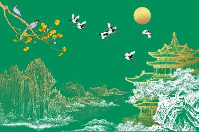 高清新中式亭台楼阁线条肌理<b>背</b><b>景</b><b>墙</b>壁画
