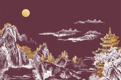 高清新中式亭台楼阁线条肌理<b>背</b><b>景</b><b>墙</b>壁画