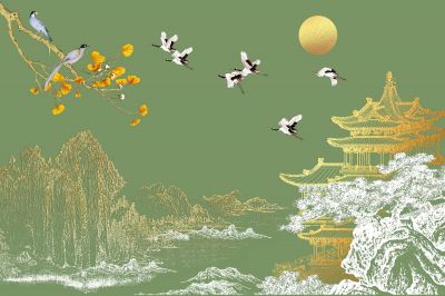 高清新中式亭台楼阁线条肌理<b>背</b><b>景</b><b>墙</b>壁画