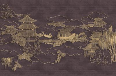 高清新中式亭台楼阁线条肌理<b>背</b><b>景</b><b>墙</b>壁画