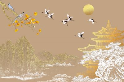 高清新中式亭台楼阁线条肌理<b>背</b><b>景</b><b>墙</b>壁画