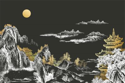 高清新中式亭台楼阁线条肌理<b>背</b><b>景</b><b>墙</b>壁画
