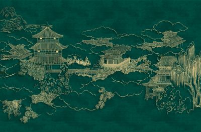 高清新中式亭台楼阁线条肌理<b>背</b><b>景</b><b>墙</b>壁画