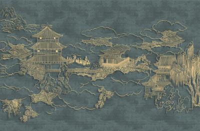 高清新中式亭台楼阁线条肌理<b>背</b><b>景</b><b>墙</b>壁画