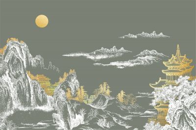 高清新中式亭台楼阁线条肌理<b>背</b><b>景</b><b>墙</b>壁画