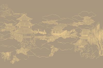 高清新中式亭台楼阁线条肌理<b>背</b><b>景</b><b>墙</b>壁画