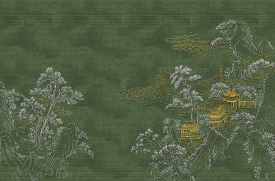 高清新中式亭台楼阁线条肌理<b>背</b><b>景</b><b>墙</b>壁画