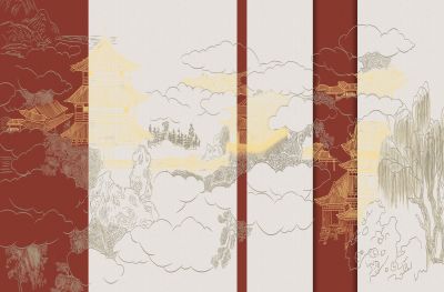高清新中式亭台楼阁线条肌理<b>背</b><b>景</b><b>墙</b>壁画