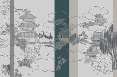 高清新中式亭台楼阁线条肌理<b>背</b><b>景</b><b>墙</b>壁画