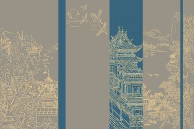 高清新中式亭台楼阁线条肌理<b>背</b><b>景</b><b>墙</b>壁画