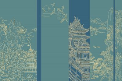 高清新中式亭台楼阁线条肌理<b>背</b><b>景</b><b>墙</b>壁画