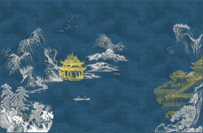高清新中式亭台楼阁线条肌理<b>背</b><b>景</b><b>墙</b>壁画