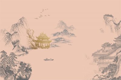 高清新中式亭台楼阁线条肌理<b>背</b><b>景</b><b>墙</b>壁画