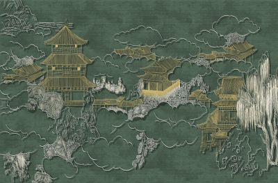 高清新中式亭台楼阁线条肌理<b>背</b><b>景</b><b>墙</b>壁画