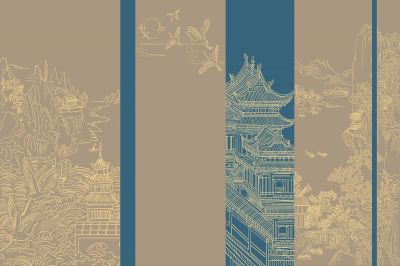 高清新中式亭台楼阁线条肌理<b>背</b><b>景</b><b>墙</b>壁画