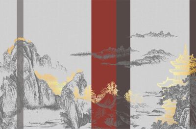高清新中式亭台楼阁线条肌理<b>背</b><b>景</b><b>墙</b>壁画