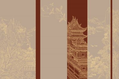 高清新中式亭台楼阁线条肌理<b>背</b><b>景</b><b>墙</b>壁画