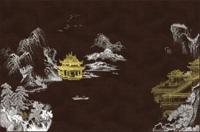 高清新中式亭台楼阁线条肌理<b>背</b><b>景</b><b>墙</b>壁画
