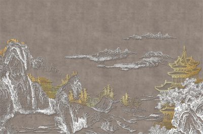 高清新中式亭台楼阁线条肌理<b>背</b><b>景</b><b>墙</b>壁画