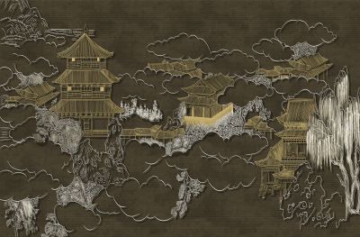 高清新中式亭台楼阁线条肌理<b>背</b><b>景</b><b>墙</b>壁画