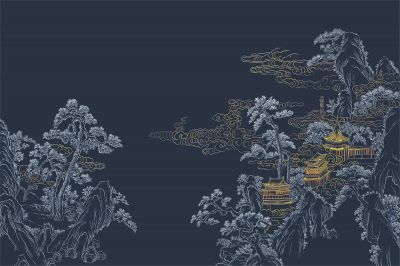 高清新中式亭台楼阁线条肌理<b>背</b><b>景</b><b>墙</b>壁画