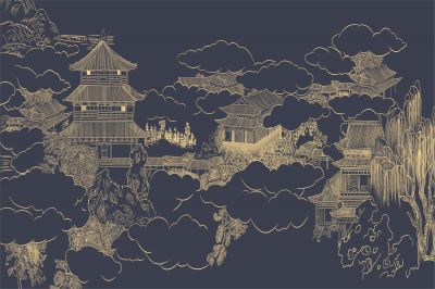 高清新中式亭台楼阁线条肌理<b>背</b><b>景</b><b>墙</b>壁画