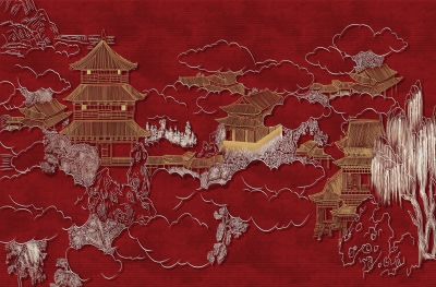 高清新中式亭台楼阁线条肌理<b>背</b><b>景</b><b>墙</b>壁画