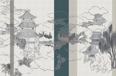 高清新中式亭台楼阁线条肌理<b>背</b><b>景</b><b>墙</b>壁画