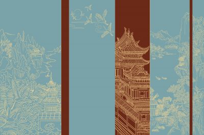 高清新中式亭台楼阁线条肌理<b>背</b><b>景</b><b>墙</b>壁画
