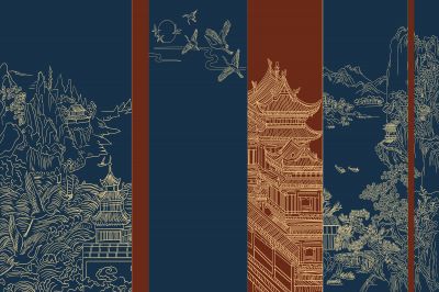 高清新中式亭台楼阁线条肌理<b>背</b><b>景</b><b>墙</b>壁画