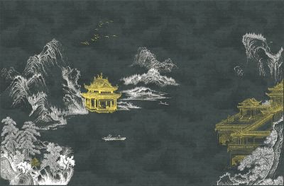 高清新中式亭台楼阁线条肌理<b>背</b><b>景</b><b>墙</b>壁画