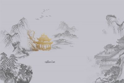 高清新中式亭台楼阁线条肌理<b>背</b><b>景</b><b>墙</b>壁画