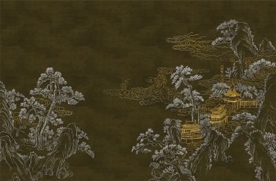 高清新中式亭台楼阁线条肌理<b>背</b><b>景</b><b>墙</b>壁画