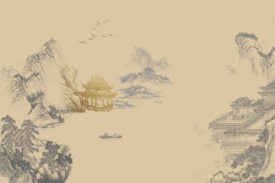高清新中式亭台楼阁线条肌理<b>背</b><b>景</b><b>墙</b>壁画